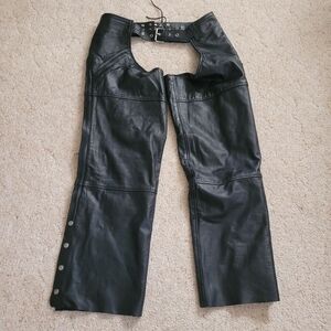 Redline Black Leather Motorcycle Chaps with Red Accent Logo